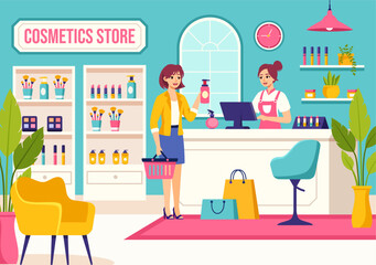 Cosmetics Store Vector Illustration with Girl Skincare, Cosmetic, Perfume, Makeup and Beauty Products Choice in in Flat Cartoon Background