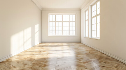 A large, empty room with white walls and wooden floors. The room is filled with natural light from the two windows, creating a bright and airy atmosphere