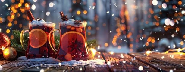 Christmas background with mulled wine on a wooden table. Generate AI image