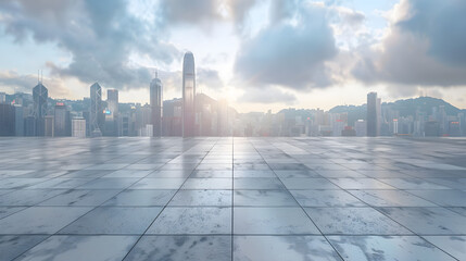 An empty square floor with a city skyline and buildings in the background, suitable for business and urban-themed designs.