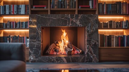 Obraz premium A contemporary take on a classic fireplace with sleek marble surround and integrated bookshelves on either side. The crackling fire adds a touch of charm to the otherwise 2d flat cartoon.