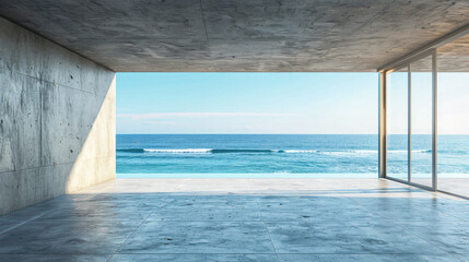 A large open space with a view of the ocean. The room is empty and the only thing visible is the ocean