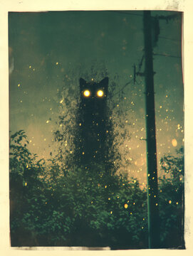A blurry photo of the silhouette and glowing eyes of an alien catlike creature, shot on polaroid film in the style of fujifilm