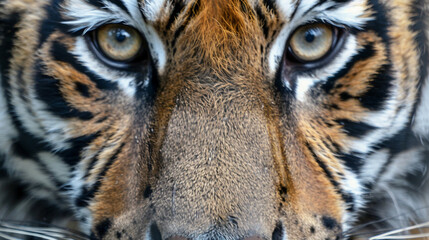 Close up of the face of an Amur Tiger Panthera tigris altaica. Generative Ai - obrazy, fototapety, plakaty