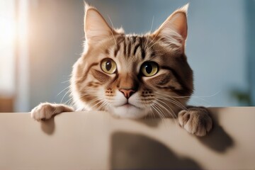 out waving cat background banner white paw peeks isolated happy pet kitten baby peeking smile joy funny laugh meow up high animal behind blank board breed card cardboard care cute domestic empty face'