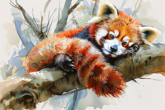 Close up portrait of a curious red panda perched on a branch, its bushy tail curled . Generative Ai
