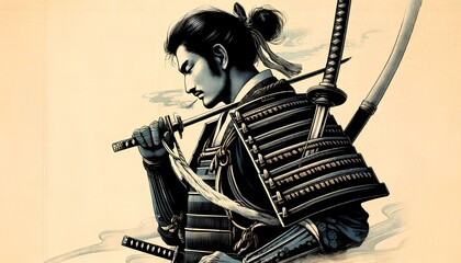 武士、侍、水墨画、インクスケッチ｜Samurai, samurai, ink painting, ink sketch.