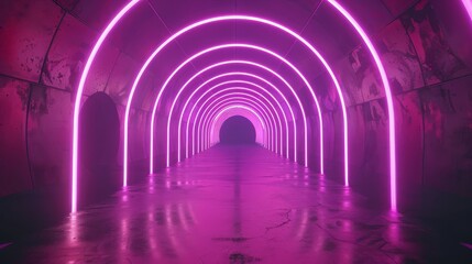 3D abstract background with neon lights. neon tunnel .space construction . 3d illustration - obrazy, fototapety, plakaty