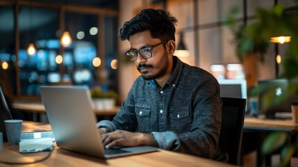Obraz premium an Indian software engineer working on laptop in modern office, portrait of a man working on laptop 