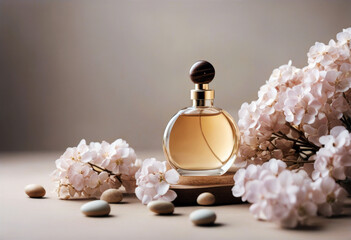 'background Round mockup flowers beige podium copy Pebble dry earthy hydrangea space colors bottle Natural Perfume poduim flower beauty product fragrance aroma flacon spa scent'