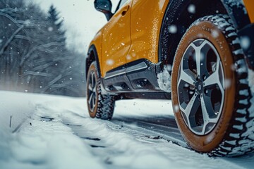 Closeup of car wheels on winter road. Generate AI image