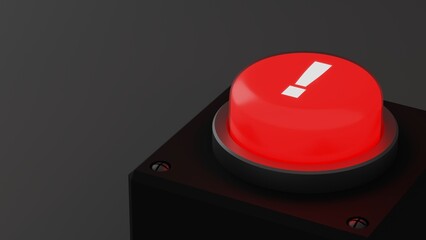 3D rendering of red button with exclamation mark on gray background.