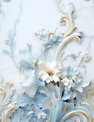 Pastel Blue and White Marble Stone Rococo Carving - With Floral Elements and Beautiful Flower Petals/Leaves - Vintage French Parisian Aesthetic Background Sculpture