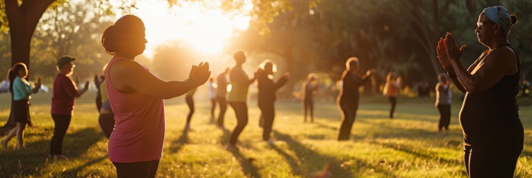 A Diverse Group of Individuals of All Ages and Body Types Gather in the Serene Park at Dawn to Practice Tai Chi Together, Embracing Body Positivity and Mindfulness