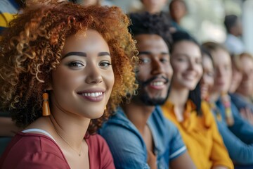 A young woman with a radiant smile in the foreground, surrounded by a group of equally cheerful peers, showcasing the vibrancy and positivity of youth in a social setting
