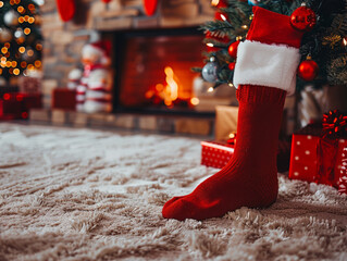 close up view of sock in house near christmas tree with a lot of present and christmas decoration ,...