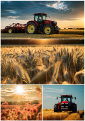 Obraz premium organic rustic grain land farming, sunset sunrise, with harvester tractor. Field ready for harvest. Set of farm themes photos, with positive, beautiful themes. Natural fields of agriculture.