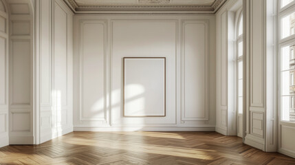 A large empty room with a white wall and a large picture frame. The room is very spacious and has a lot of natural light coming in through the windows