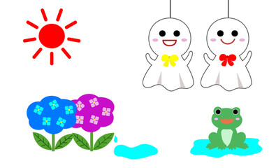 梅雨のてるてる坊主とのあじさいとカエルのイラスト