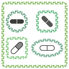 Herbal medicine capsules. Natural supplements concept Vector. Green leafy border design.