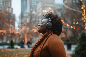 A Radiant Plus-Size Woman Loses Herself in the Rhythms of Her Favorite Songs, Wearing Headphones Amidst the Lively Atmosphere of a Bustling City Park