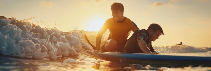 A Radiant Teen with Different Abilities Mastering the Waves with the Support of an Experienced Surfer Under a Sunlit Sky