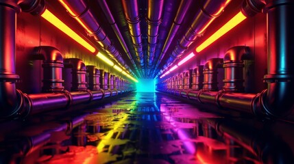 A dark tunnel of pipes illuminated by colored neon lights and lamps. Blurred reflection on the...