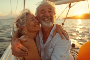 A Joyful Senior Couple Embracing Each Other with Wide Smiles on Their Faces as They Enjoy a Picturesque Sunset Sail on a Calm Sea