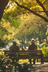 Two Joyful Elderly Friends Share a Moment of Laughter While Bird Watching in the Park, Surrounded by Lush Greenery and the Soft Chirping of Birds