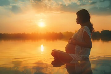 Serene Expectant Mother Embracing Her Growing Belly While Meditating Peacefully by the Tranquil Lake at Sunset, Reflecting on the Joys of Motherhood