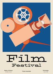 Movie and film festival poster template design background with vintage camera
