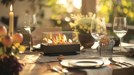 Naklejka premium The flickering flames of the tabletop fireplace invite guests to gather around and enjoy a delicious meal together. 2d flat cartoon.