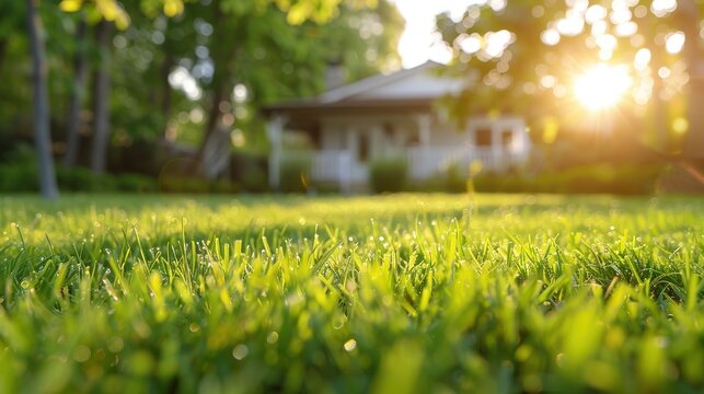 Lush green lawn in sharp focus with a cozy house and trees softly blurred in the sunny peaceful suburban home background