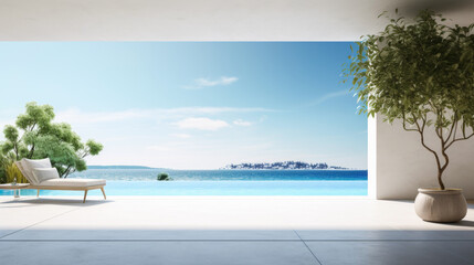 Fototapeta premium A view of the ocean from a balcony with a tree in a planter. The scene is serene and peaceful, with the water and sky creating a calming atmosphere. The tree in the planter adds a touch of greenery