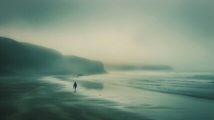 Lone figure person walking alone on isolated foogy misty beach ocean seashore, moody, green tint, background, Celtic, Ireland