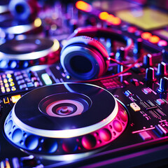 DJ Setup in a Trendy Nightclub for Energetic Mixing and Spinning Sessions