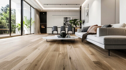 A living room with a white couch and a grey chair. The room has a modern feel with a wooden floor and a potted plant