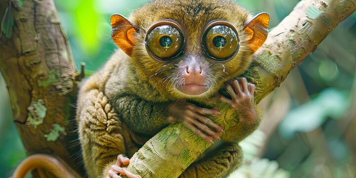 a tarsier with very large eyes, sitting on a tree branch, generative AI