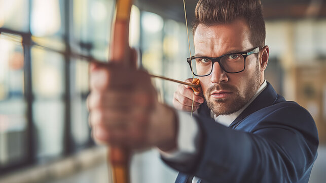 Businessman Aiming with Bow and Arrow - Business success, assertive leadership, goal oriented concept Image