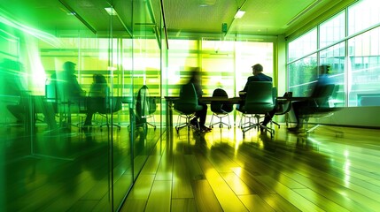 Long exposure shot of meeting room with people in modern green office