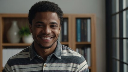 Smiling cheerful young adult african american ethnicity man in casual attire looking at camera standing at home office background. Happy confident black guy headshot face front close up portrait