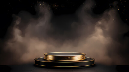 Golden podium, filled with smoke, with product display space in the middle