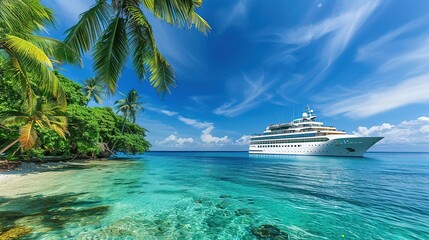 Luxury cruise ship near a tropical island with palm trees and clear turquoise waters under a bright...