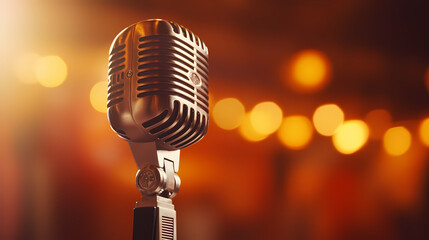 Retro golden microphone on stage