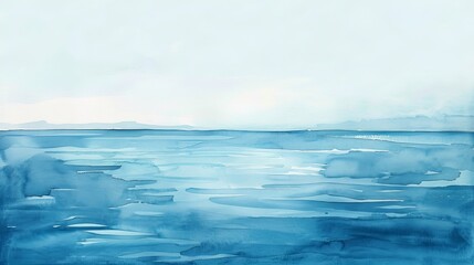 Minimalistic watercolor seascape showing the endless ocean meeting a clear sky, the scene bathed in soft sunlight