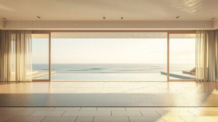 A large open living room with a view of the ocean. The room is empty and the curtains are drawn