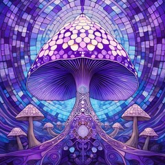 Full Body Portrait of Magical Psychedelic Mushroom in Mosaic Kaleidoscope of Violet Shades and Tones. Surreal Mystical Fairy Tale Creature Illustration. 