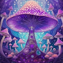 Full Body Portrait of Magical Psychedelic Mushroom in Kaleidoscope of Violet Shades and Tones. Surreal Mystical Fairy Tale Creature Illustration. 