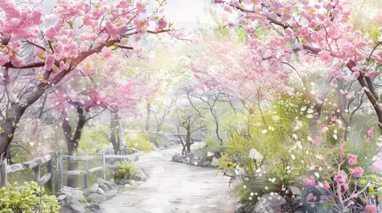 Light watercolor painting of a blossoming garden in spring, symbolizing renewal and healing, perfect for a clinic's healing ethos