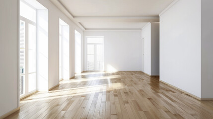 Fototapeta premium A large, empty room with white walls and wooden floors. The room is bright and airy, with sunlight streaming in through the windows. The space is open and inviting